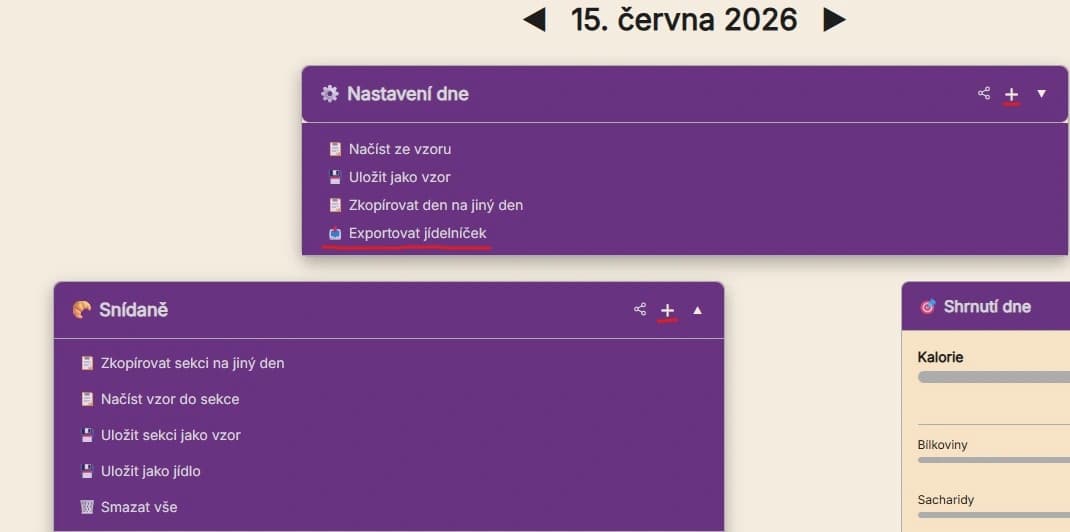 Ukázka exportu jídelníčku v Calorinátoru