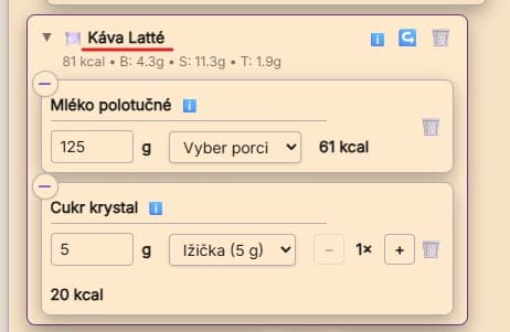 Ukázka groupování položek v Calorinátoru