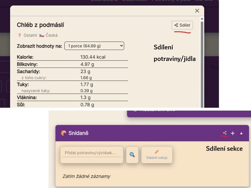 Ukázka sdílení v Calorinátoru