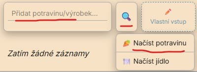 Ukázka vyhledávání potravin v Calorinátoru